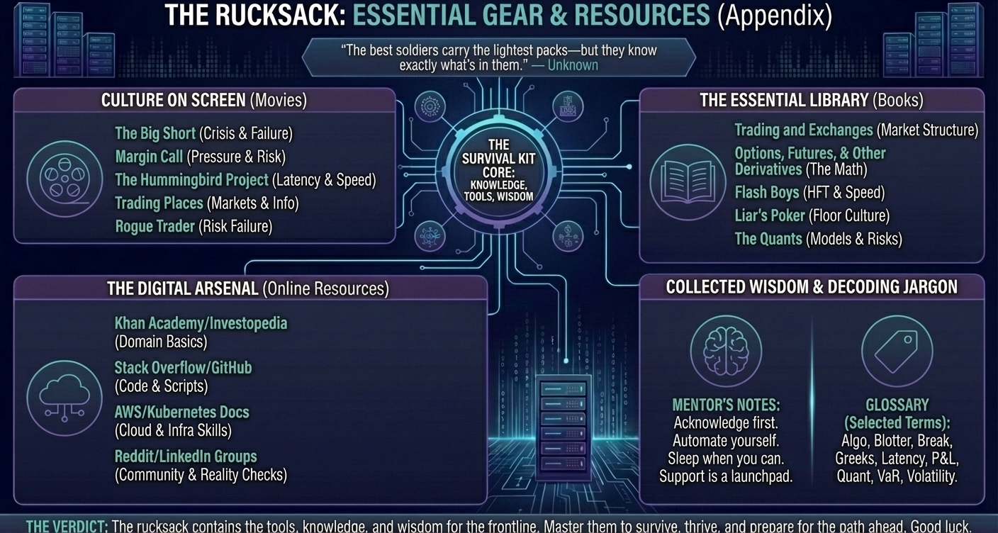 Essential resources for Front Office Support Analysts: Unix command cheat sheet, SQL query patterns, incident response checklist, start-of-day routine, career tools (CV template, LinkedIn optimization, networking scripts), recommended books, online courses, and community resources.