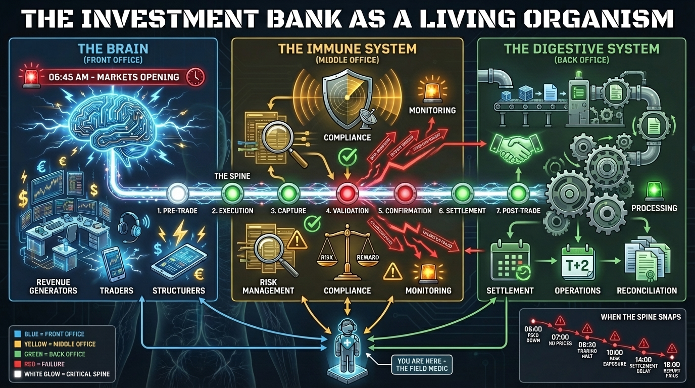 Investment banking organizational structure showing Front Office (trading, sales, structuring), Middle Office (risk, compliance, trade support), and Back Office (settlements, operations, IT infrastructure). Diagram illustrates the complete trade lifecycle from execution through settlement.