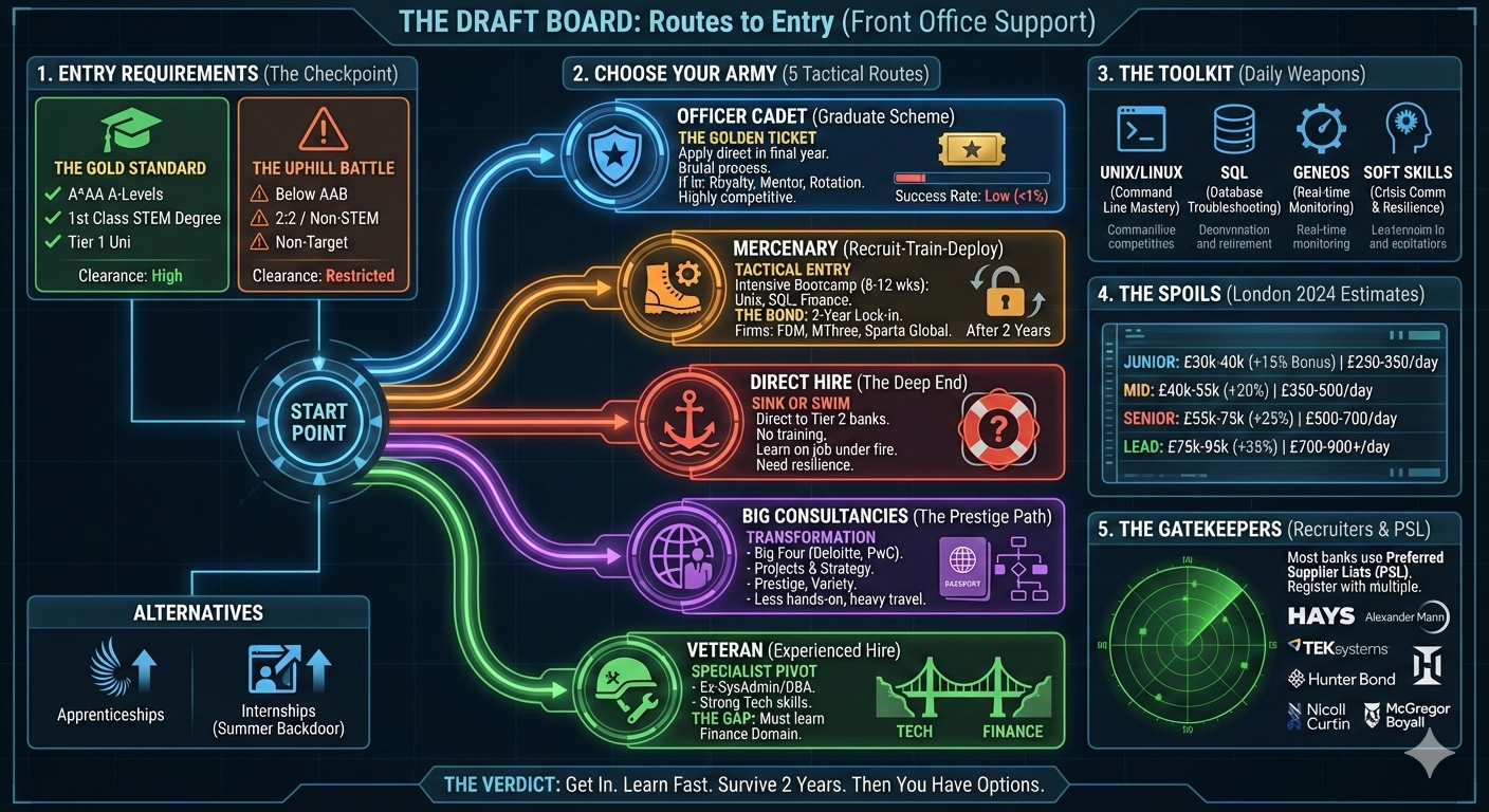 Career entry routes comparison: Officer path (graduate schemes at top banks, 2-year rotations, £35k-£45k starting salary) versus Mercenary path (FDM training contracts, contractor roles, career changers, £25k-£35k starting). Includes FDM business model breakdown and pros/cons of each route.