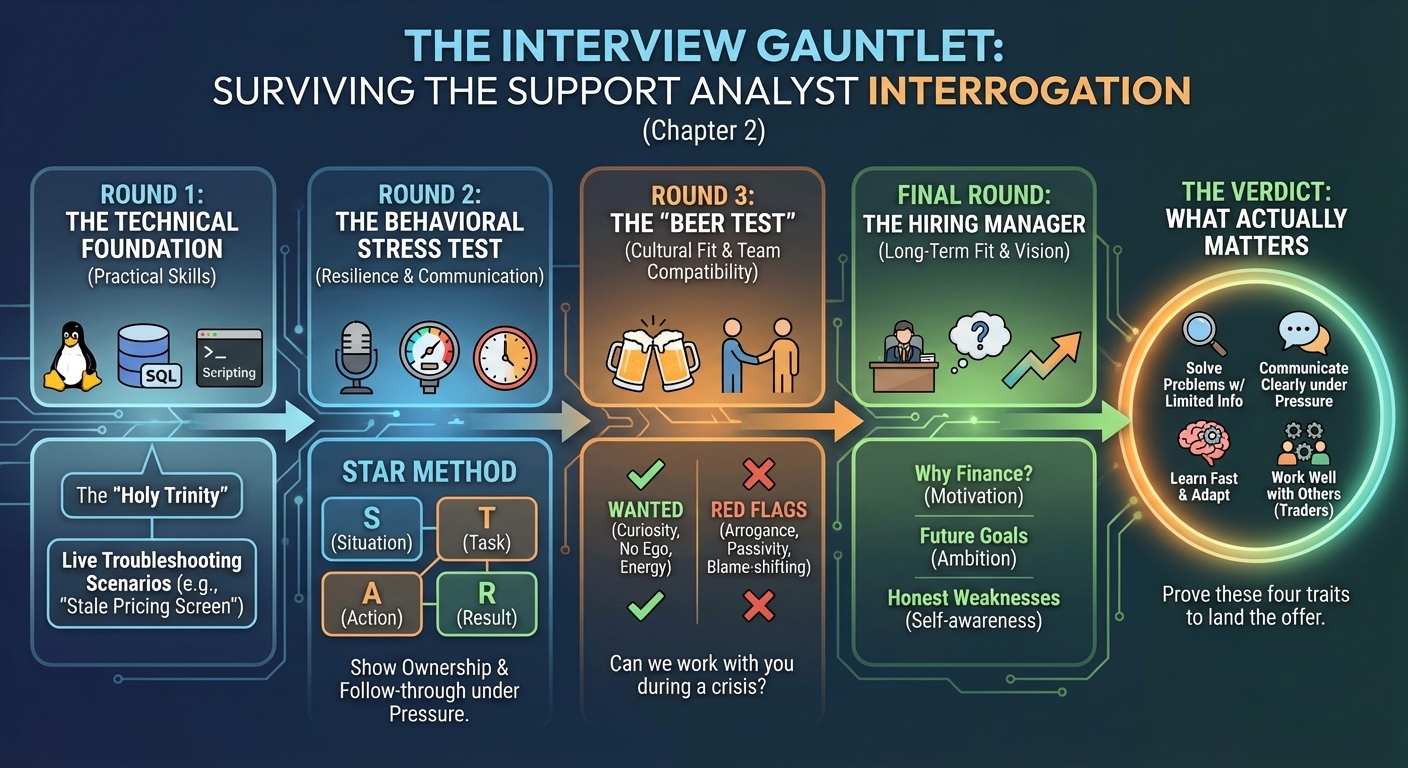 Interview preparation roadmap showing technical skills assessment (Unix, SQL, scripting), behavioral interview techniques (STAR method), assessment centre exercises, and salary negotiation strategies. Includes First 90 Days onboarding plan with weekly milestones.