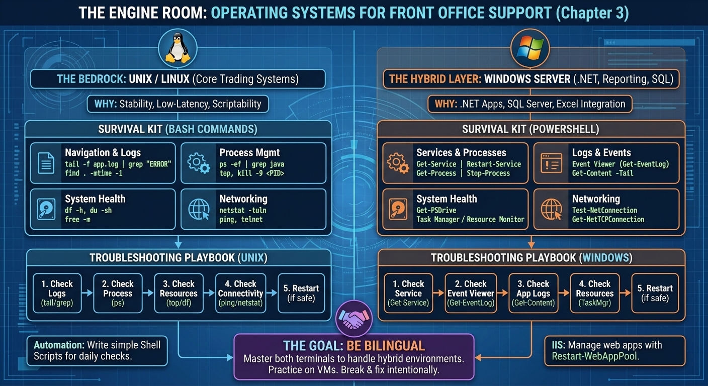 Unix/Linux command reference showing essential commands for Front Office Support: process management (ps, top, kill), file operations (find, grep, tail), disk management (df, du), and networking (netstat, telnet). Includes Windows Server PowerShell equivalents for hybrid environments.