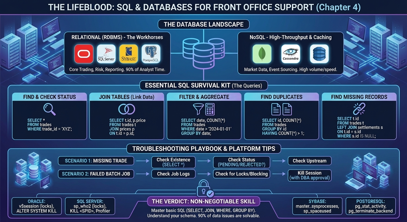 Database landscape for investment banking: RDBMS workhorses (Oracle, SQL Server, Sybase, PostgreSQL) for core trading systems, NoSQL databases (MongoDB, Cassandra) for high-volume market data. Includes essential SQL survival queries for troubleshooting missing trades.