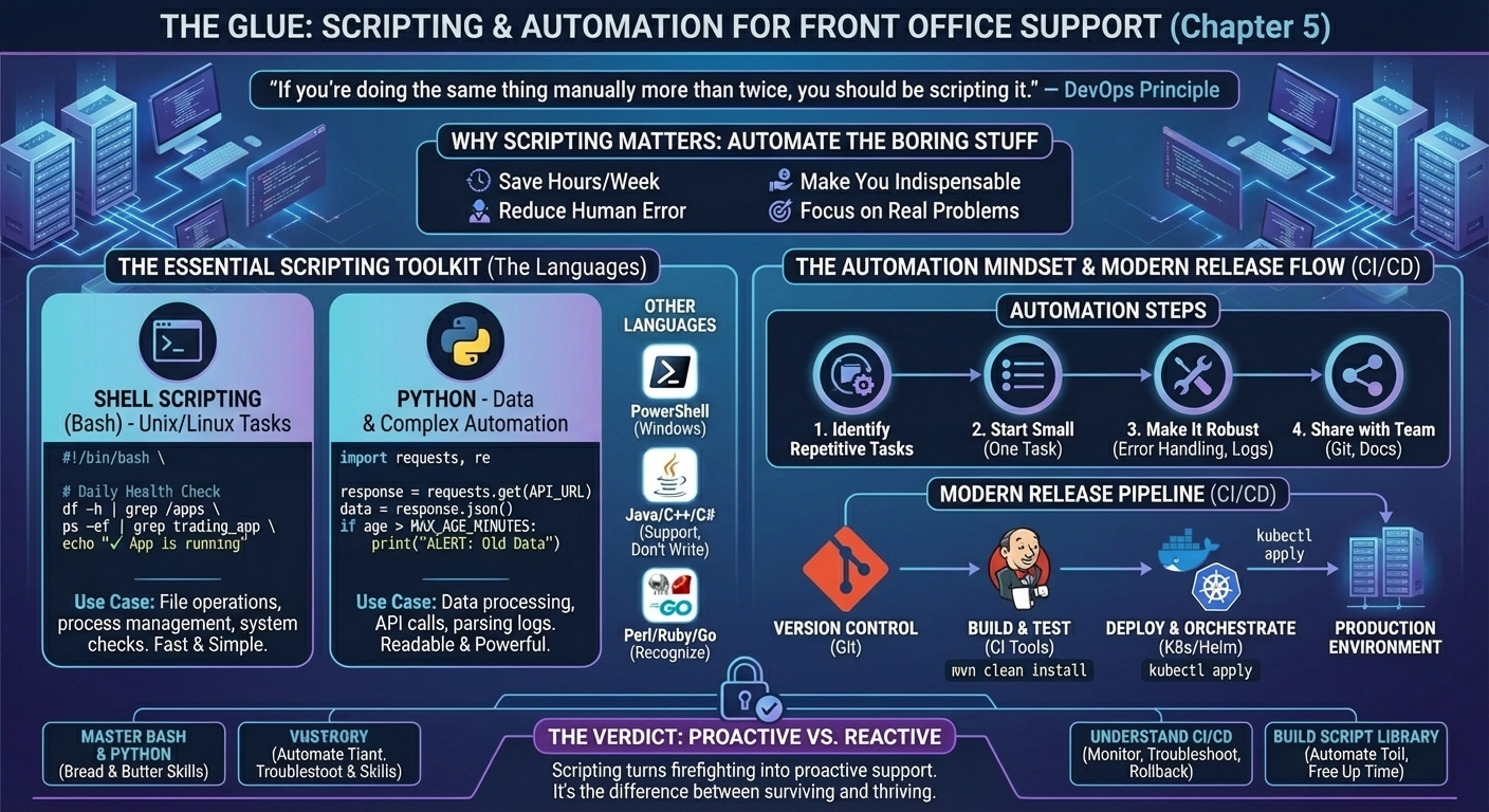 Scripting and automation toolkit: Python for data processing and API integration, Bash for Unix automation, PowerShell for Windows environments. Includes real-world examples of automated health checks, log parsing, and incident response scripts.