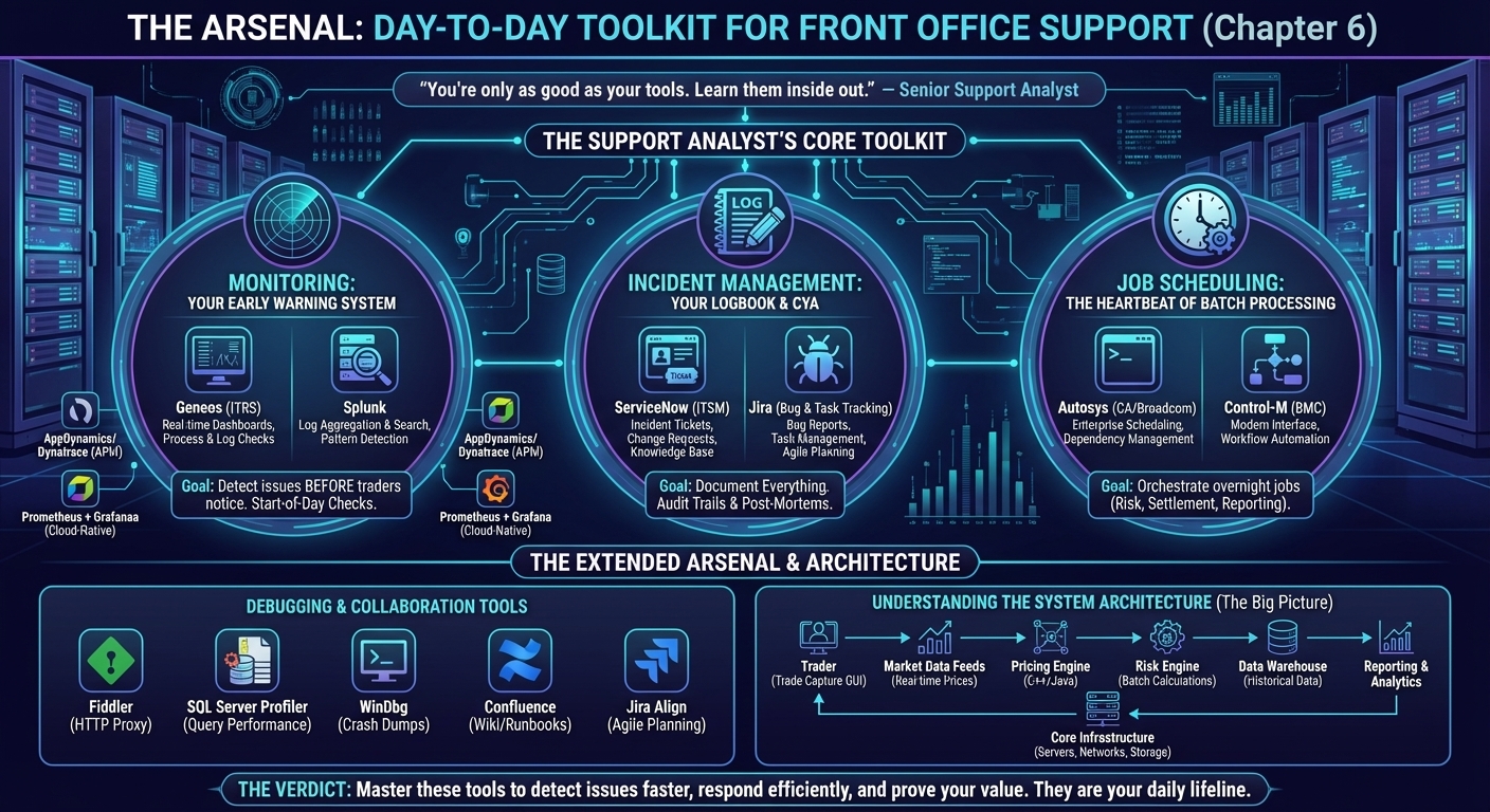 Support Analyst's Core Toolkit showing three main control panels: Monitoring (Geneos, Splunk, AppDynamics), Incident Management (ServiceNow, Jira), and Job Scheduling (Autosys, Control-M). Extended Arsenal includes debugging tools like Fiddler and collaboration platforms.