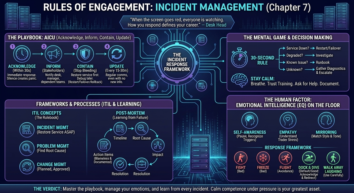 Incident management protocol: 4-step framework (Acknowledge, Inform, Contain, Update) with communication templates, decision trees for triage, ITIL process integration, and emotional intelligence strategies for handling high-pressure situations on the trading floor.