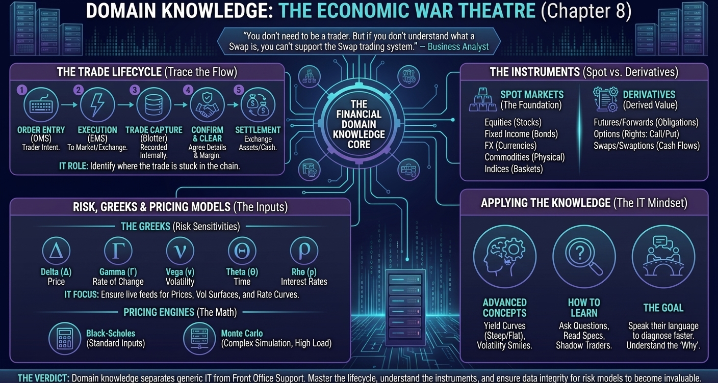 Financial markets domain knowledge: asset classes (Equities, Fixed Income, FX, Derivatives), trade lifecycle stages, key financial instruments (bonds, swaps, options), and how trading systems support each product type. Essential business context for technical support.
