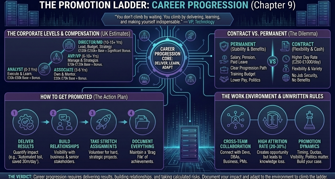 Career progression ladder: Analyst (£35k-£45k) to Associate (£45k-£60k) to VP (£60k-£85k) to Director (£85k-£120k+). Includes promotion timelines, skill requirements at each level, and strategies for accelerating advancement through automation and stakeholder management.